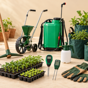 Representative image of agricultural tools, seedling trays and irrigation equipment