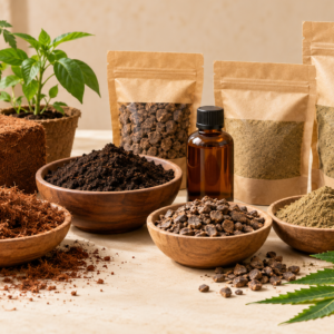 Representative image of cocopeat, vermicompost, neem cake and organic plant-care inputs